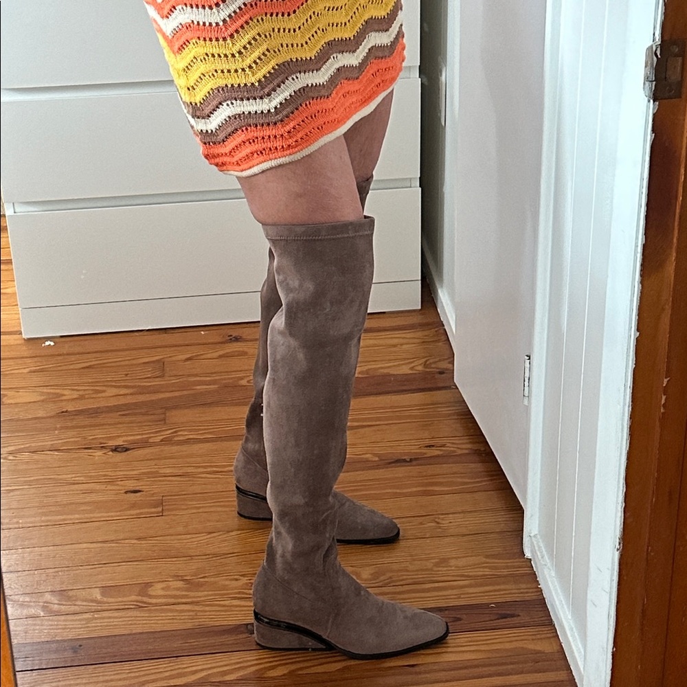 Torgeis Taupe Suede over the knee boots, tall tan boot, Madeline wedge heel boot - Picture 7 of 17